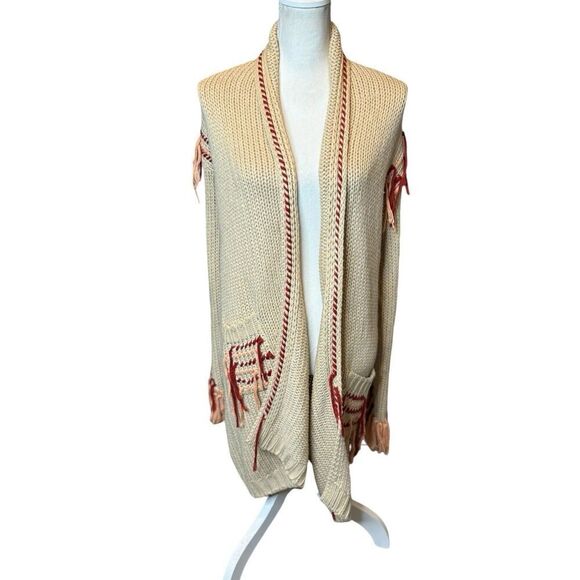 For Love And Lemons Knit Cardigan Open Boho Fringe Retro Long Embroidered M - Picture 1 of 9